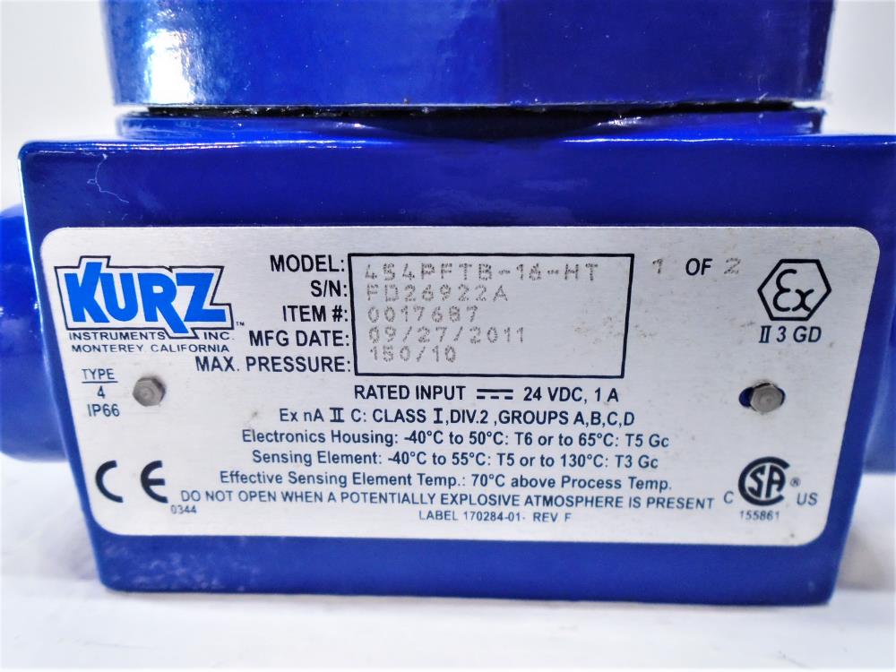 Kurz 1" 150# 316SS Flow Meter 454PFTB-16-HT with Mass Flow Transmitter